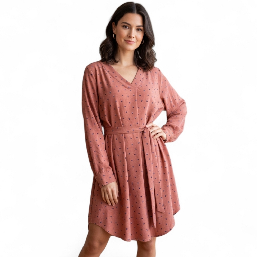 Mine Anthropologie Terracotta Rust Mini Dress | Blue Dot Pattern | Size L
